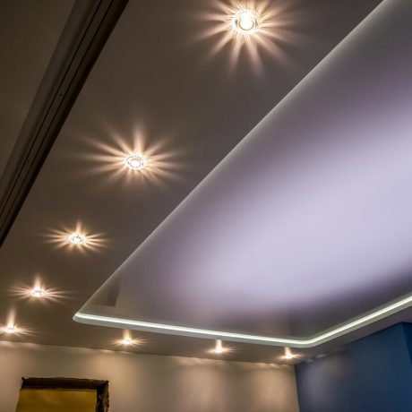 Beautiful stretch ceiling with led lighting, spotlights around the perimeter. Beautiful stretch ceiling with led lighting, spotlights around the perimeter.