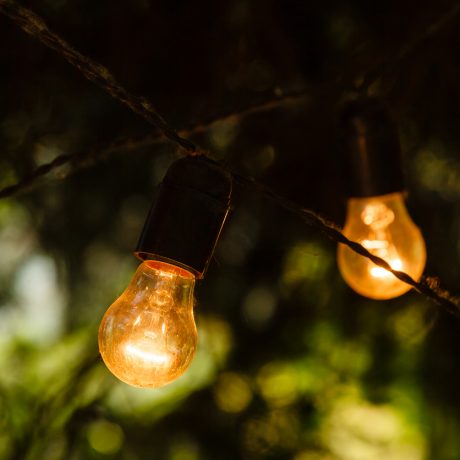 Outdoor string lights hanging on a line in backyard Outdoor string lights hanging on a line in backyard