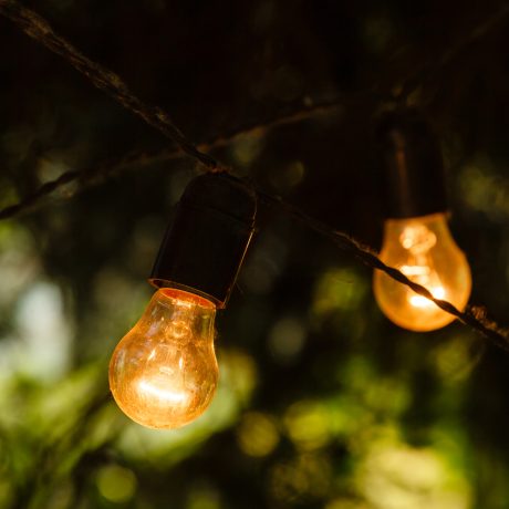 Outdoor string lights hanging on a line in backyard Outdoor string lights hanging on a line in backyard